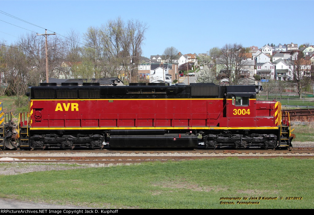 Allegheny Valley Railroad, AVR 3004, ex-KCS SD45 rebuilt as an SD40-3r, at Everson, Pennsylvania. March 27, 2012. 